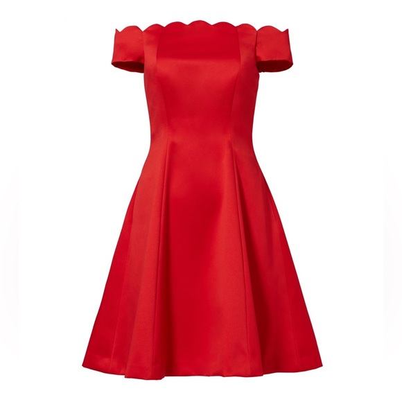 Badgley Mischka Red Scallop Off the Shoulder Dress size 4 - Picture 2 of 9